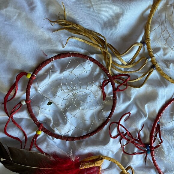 Lot of 5 Dreamcatcher Style Wall Hangings Leather Wrapped Hoops Beads & Feathers - Picture 3 of 10